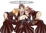  2boys :/ :p abarai_renji artist_request bleach blonde_hair brown_eyes brown_hair cloak crossed_legs hands_together headband kneehighs kuchiki_rukia kurosaki_ichigo loafers long_sleeves looking_at_viewer multiple_boys orange_hair school_uniform shoes simple_background smile thighs tongue tongue_out white_background 