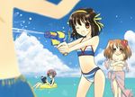  3girls asahina_mikuru bikini brown_hair day gun innertube multiple_girls nagato_yuki ocean one_eye_closed outdoors pink_sarong sarong shima_yukiwa short_hair striped striped_bikini suzumiya_haruhi suzumiya_haruhi_no_yuuutsu swimsuit water water_gun weapon 