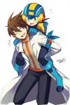  2boys blush brown_eyes brown_hair capcom carrying commentary_request dated green_eyes hair_between_eyes helmet hikari_netto iroyopon labcoat long_sleeves male_focus multiple_boys netnavi older one_eye_closed open_mouth piggyback rockman rockman_exe rockman_exe_(character) signature simple_background white_background 