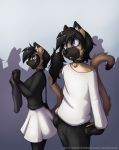  2017 anthro bell_collar biped black_hair black_nose blue_eyes breasts brother brown_fur brown_tail clothing collar conditional_dnp digital_media_(artwork) dipstick_tail domestic_cat duo_focus felid feline felis female fur girly group hair hi_res holding_clothing jay_naylor long_hair mai_(jay_naylor) male mammal minh multicolored_fur multicolored_tail pants ponytail purse shirt short_hair sibling silhouette sister skirt smile tan_fur twins two_tone_ears 