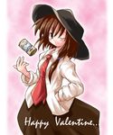  brown_eyes brown_hair can closed_mouth english happy_valentine hat koto long_sleeves necktie one_eye_closed pink_background skirt solo touhou usami_renko valentine 