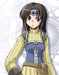  belt belt_pouch blue_eyes brooch brown_hair cowboy_shot gem gensou_suikoden gensou_suikoden_v hand_on_hip headband jewelry long_sleeves lorelai lowres mizuna_tomomi pocket pouch short_hair solo striped striped_sweater sweater 