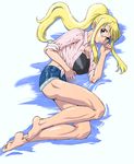 bandeau barefoot blonde_hair blue_eyes breasts denim denim_shorts fullmetal_alchemist glasses huge_breasts legs long_hair long_sleeves lying muscle nakami_yoshikage open_clothes open_shirt ponytail shirt shorts sleeves_rolled_up solo strapless tubetop winry_rockbell 