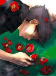  arms_up artist_request black_eyes black_hair closed_mouth expressionless flower lying male_focus naruto naruto_(series) on_grass on_ground on_stomach outdoors petals portrait red_flower solo uchiha_sasuke 
