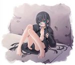  barefoot black_hair feet flat_chest gakuran glasses long_hair long_sleeves no_panties open_clothes open_shirt original sakuya_tsuitachi school_uniform shirt solo 