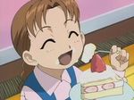 braid brown_hair cake closed_eyes eating food food_on_face fork from_above fullmetal_alchemist long_hair nina_tucker open_mouth pastry plate screencap slice_of_cake solo 