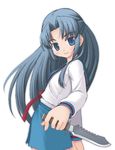  amamiya_minato asakura_ryouko bangs blue_eyes blue_hair blue_sailor_collar blue_skirt combat_knife eyebrows eyebrows_visible_through_hair from_side grin half_updo kita_high_school_uniform knife long_hair long_sleeves looking_at_viewer neck_ribbon ribbon sailor_collar school_uniform serafuku simple_background skirt smile solo suzumiya_haruhi_no_yuuutsu weapon white_background 