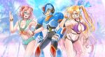  1boy 2girls android arm_holding bangs bikini blonde_hair blue_eyes blush bracelet breasts cleavage commentary_request green_eyes hair_between_eyes headgear helmet jewelry kiwakiwa large_breasts long_hair marty_(rockman_x) multiple_girls nana_(rockman) one_eye_closed open_mouth pink_hair purple_bikini purple_eyes robot_ears robot_joints rockman rockman_x rockman_x_(manga) rockman_x_command_mission sailor_bikini sailor_collar short_hair side_ponytail sky smile swimsuit x_(rockman) 