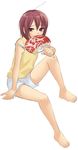  ahoge barefoot covering_mouth fan feet full_body hair_strand holding holding_fan original paper_fan piyodera_mucha shorts simple_background solo strap_slip toes uchiwa white_background 