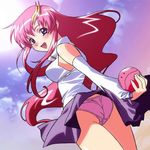  :d artist_request ass bangs blouse blue_eyes blush cloud day detached_sleeves dutch_angle from_behind gradient gradient_background gundam gundam_seed gundam_seed_destiny hair_ornament happy haro highres holding lacus_clyne long_hair looking_at_viewer looking_back miniskirt open_mouth outdoors panties pantyshot pantyshot_(standing) pink_hair pink_panties robot skirt skirt_lift sky sleeveless smile solo standing sun thighs turtleneck underwear upskirt very_long_hair wavy_hair wind wind_lift 
