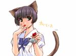  animal_ears black_eyes black_hair blood blood_on_face cat_ears copyright_request eating finger_licking guro ino licking rat school_uniform short_hair solo tail translated 
