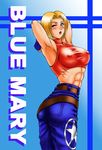 abs belt blonde_hair blue_eyes blue_mary blush breasts character_name covered_nipples cowboy_shot denim fatal_fury fingerless_gloves gloves halterneck jeans kitamura_(bamboo) large_breasts midriff muscle nipples one_eye_closed open_mouth pants see-through short_hair snk solo stretch the_king_of_fighters 