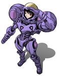  alternate_color arm_cannon armor bangs black_hair from_above full_armor gravity_suit grin gun helmet koutarou_(girl_power) looking_at_viewer metroid one_eye_closed power_armor red_eyes samus_aran science_fiction shading_eyes shadow simple_background sketch smile solo standing weapon 