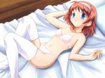  ahoge akizuki_mayu bed blue_eyes blush bow bow_panties bra breasts dutch_angle from_above game_cg jpeg_artifacts lingerie lying mutsumi_masato on_back only_you only_you_recross orange_hair panties pillow pink_bra pink_panties short_hair small_breasts solo thighhighs underwear underwear_only white_legwear 