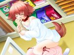  animal_ears collar dog dog_ears dog_tail fang game_cg happy hinata_(pure_pure) licking long_sleeves pet pure_pure ribbon sakurazawa_izumi solo sweater tail tail_wagging 