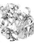  animal_ears arm_up bandana black_eyes bow cat_ears cat_tail dress greyscale happy kotonomiya_yuki long_sleeves monochrome moo_(umineko) multiple_girls panties ribbon shoes short_hair shorts smile suigetsu tail underwear waha white_background yamato_suzuran 