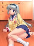  arm_support blue_eyes blue_panties clannad hairband hikarizaka_private_high_school_uniform long_hair long_sleeves lying miniskirt on_side panties pantyshot pantyshot_(lying) pleated_skirt sakagami_tomoyo school_uniform serafuku shirt silver_hair skirt socks solo underwear white_legwear zen 