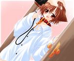  animal_ears brown_hair collar dog_ears hinata_(pure_pure) leash long_sleeves naked_shirt open_door oversized_clothes petting pure_pure red_eyes sakurazawa_izumi shirt smile solo 