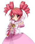  bow brooch dress drill_hair expressionless fine fushigiboshi_no_futago_hime hexagram jewelry long_sleeves lowres pink_dress red_eyes red_hair ribbon short_hair solo twin_drills twintails wand white_background 