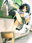  akata_itsuki black_eyes black_hair black_legwear blouse blue_panties bra dojikko falling hair_ribbon highres kneehighs lace lace-trimmed_panties lingerie long_hair mary_janes miniskirt neckerchief original panties pantyshot pleated_skirt ribbon school_uniform shoes skirt socks solo striped striped_panties underwear upshirt upskirt 