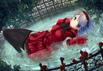  blue_eyes blue_hair elbow_gloves flower gloves gothic headdress long_hair lying on_back original partially_submerged red_flower red_gloves red_rose rose ryoumoto_ken solo thighhighs water wet wet_clothes 
