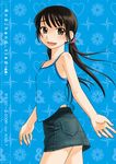  2006 and_hand_tied black_hair blue_background brown_eyes camisole cowboy_shot dated denim denim_skirt long_hair open_mouth original otakubeam skirt solo twintails unmoving_pattern 