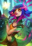  absurdres blue_hair breasts bug butterfly commentary english_commentary fingernails flower hair_flower hair_ornament highres insect jewelry league_of_legends lizard_girl lizard_tail loincloth medium_hair midriff monori_rogue monster_girl multicolored_hair nail_polish navel neeko_(league_of_legends) nose one_eye_closed pendant pink_lips pink_nails purple_hair sharp_fingernails small_breasts solo tail yellow_eyes 
