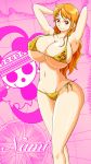  1girl ass barefoot bikini breasts brown_eyes cleavage feet hip_focus huge_breasts large_breasts long_hair nami_(one_piece) navel one_piece orange_hair smile stomach swimsuit thick_thighs thighs wide_hips 