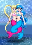  artist_request bikini blonde_hair blue_eyes blue_hair caustics earrings hair_ornament houshou_hanon intertwined_tails jewelry long_hair mermaid mermaid_melody_pichi_pichi_pitch monster_girl multiple_girls nanami_lucia necklace shell shell_bikini star star_earrings star_hair_ornament swimsuit twintails underwater very_long_hair 
