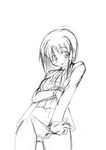  greyscale kagura_tsukune long_sleeves lyrical_nanoha mahou_shoujo_lyrical_nanoha mahou_shoujo_lyrical_nanoha_a's monochrome panties panty_pull solo underwear yagami_hayate 