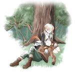  1girl against_tree blonde_hair boots breastplate brown_hair cecile_(suikoden) closed_eyes coat couple feathers forest gauntlets gensou_suikoden gensou_suikoden_iii headwear_removed helmet hetero kazune lap_pillow long_sleeves lying nature outdoors peaceful sleeping smile thomas_(suikoden) tree twintails 