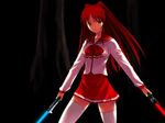  artist_request black_background bow bowtie brown_eyes cowboy_shot dual_wielding energy_sword holding holding_sword holding_weapon kousaka_tamaki long_hair long_sleeves looking_at_viewer red_hair red_skirt school_uniform shirt simple_background skirt solo standing sword thighhighs to_heart_2 very_long_hair weapon white_legwear white_shirt zettai_ryouiki 