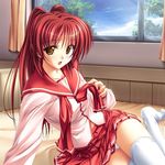  :o arm_support bangs bed belly_peek blouse blush breasts cloud curtains day embarrassed game_cg indoors kousaka_tamaki large_breasts leaning long_hair long_sleeves looking_at_viewer miniskirt neckerchief on_bed panties pantyshot pantyshot_(sitting) pleated_skirt pocket red_hair red_skirt ribbon school_uniform serafuku sitting skirt sky solo surprised taut_clothes tenmaso thighhighs to_heart_2 tree underwear undone_neckerchief undressing untied white_legwear white_panties window yellow_eyes yokozuwari 