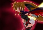  alternate_hair_color alternate_hairstyle arm_belt arm_garter arm_guards bardiche belt blonde_hair brown_hair cape fate_testarossa fingerless_gloves gloves hair_ribbon hair_up long_hair looking_at_viewer lyrical_nanoha magical_girl mahou_shoujo_lyrical_nanoha mahou_shoujo_lyrical_nanoha_a's miniskirt nagii ponytail profile red_eyes ribbon sidelocks skirt sleeveless solo thighhighs 