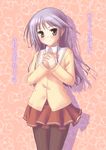  blush happiness! long_sleeves male_focus otoko_no_ko pantyhose purple_eyes purple_hair ryo school_uniform solo watarase_jun 