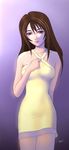  bare_shoulders brown_eyes brown_hair closed_mouth cowboy_shot dress expressionless final_fantasy final_fantasy_viii hand_on_own_chest long_hair looking_at_viewer naska_chijoue purple_background rinoa_heartilly simple_background sleeveless sleeveless_dress solo standing yellow_dress 