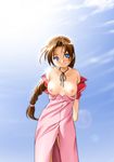  aerith_gainsborough black_ribbon blue_eyes blue_sky breasts brown_hair collarbone day dress final_fantasy final_fantasy_vii jewelry long_hair looking_at_viewer macha_(come-come) medium_breasts neck_ring nipples open_clothes open_dress pink_dress ribbon sky solo standing topless 