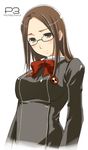  big_wednesday bow brown_eyes brown_hair fushimi_chihiro glasses long_hair long_sleeves persona persona_3 ribbon school_uniform solo 