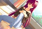  :p amazuyu_tatsuki barefoot bed brown_eyes camisole casual game_cg kousaka_tamaki long_hair long_sleeves red_hair solo to_heart_2 tongue tongue_out 