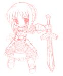  artoria_pendragon_(all) chibi fate/stay_night fate_(series) kekyo long_sleeves monochrome oekaki red saber sketch solo sword weapon 