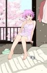  alcohol barefoot bed beer breasts can cherry_blossoms dress feet ghost indoors itoshi_no_kana kana_(itoshi_no_kana) legs lingerie medium_breasts negligee petals purple_eyes purple_hair short_hair sitting solo tanaka_yutaka tissue transparent underwear window 