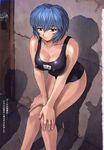  against_wall ayanami_rei black_school_swimsuit blue_hair blush breasts cleavage covered_nipples doujinshi imminent_rape large_breasts leaning_forward leg_grab mogudan name_tag neon_genesis_evangelion one-piece_swimsuit red_eyes scan school_swimsuit shadow short_hair solo swimsuit translated 