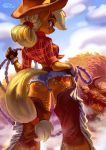  2019 anthro anthrofied applejack_(mlp) bison bovid bovine butt butt_pose chaps clothing cutoffs denim_shorts equine female friendship_is_magic holivi looking_at_viewer looking_back mammal my_little_pony ponytail rope shorts solo 