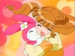  brown_hair bunny double_bun happy hug long_hair long_sleeves my_melody onegai_my_melody screencap shirt twintails yumeno_uta 