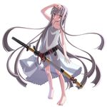  absurdly_long_hair arm_up barefoot covered_nipples expressionless feet flat_chest full_body hand_to_head katana legs long_hair no_panties original red_eyes sakuya_tsuitachi see-through sheath sheathed silver_hair simple_background solo standing sword very_long_hair weapon white_background 