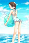  artist_request ball beach beachball brown_hair casual_one-piece_swimsuit crossdressing day final_fantasy final_fantasy_xii frilled_swimsuit frills halterneck larsa_ferrinas_solidor leaning_forward looking_back male_focus one-piece_swimsuit otoko_no_ko outdoors solo swimsuit wading water 