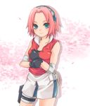  arm_warmers bandaged_leg bandages bare_shoulders bike_shorts black_gloves breasts buckle cherry_blossoms collarbone contrapposto cowboy_shot forehead_protector gloves green_eyes hands_up haruno_sakura kubyou_azami looking_at_viewer miniskirt naruto naruto_(series) naruto_shippuuden ninja petals pink_hair red_shirt shirt short_hair shorts shorts_under_skirt side_slit simple_background skirt sleeveless sleeveless_shirt small_breasts solo standing thigh_strap white_background zipper_pull_tab 