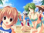  back beach bent_over bikini black_eyes breasts brown_hair cleavage day festa!!_hyper_girls_pop floral_print game_cg green_hair hagiwara_onsen hat hayasaka_remi kneeling kusakabe_kotoko large_breasts long_hair medium_breasts mouth_hold multiple_girls one_eye_closed open_mouth otonashi_mika outdoors plaid plaid_bikini plaid_sarong red_eyes sarong shidou_ayane shirayuri_kikyou shirayuri_sumire short_hair siblings straw_hat swimsuit twins 