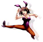  animal_ears brown_hair brown_legwear bunny_ears bunnysuit kicking pantyhose shiikeru short_hair solo split suzumiya_haruhi suzumiya_haruhi_no_yuuutsu 