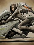  alien1452 armor bodysuit brown_hair copyright_request grey_bodysuit ground_vehicle long_hair motor_vehicle motorcycle on_motorcycle science_fiction solo uniform 